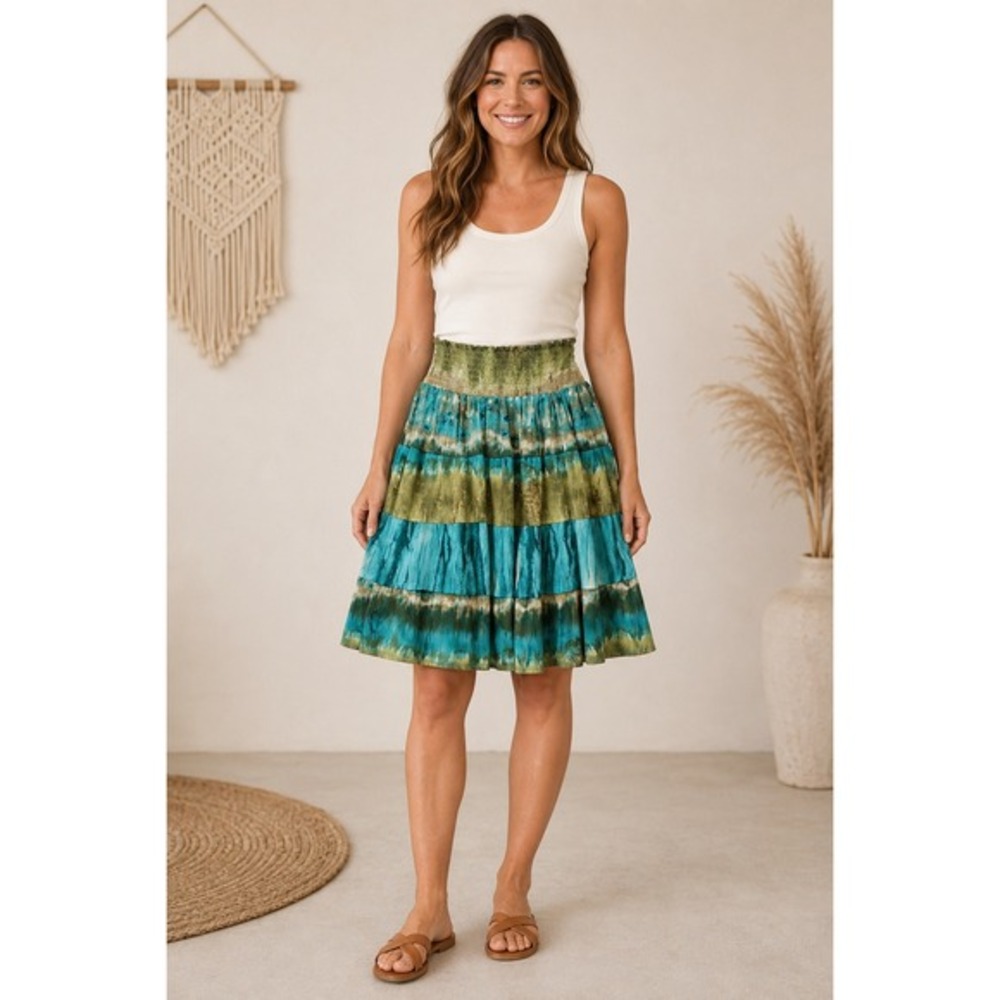 Tracy Evans Skirt Teal Tie Dye Tiered Smocked Waist Lined Flowey Women S Boho